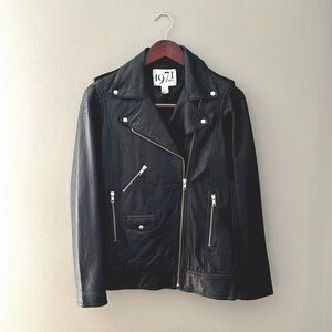 REISS Black Leather Jacket, Size Small